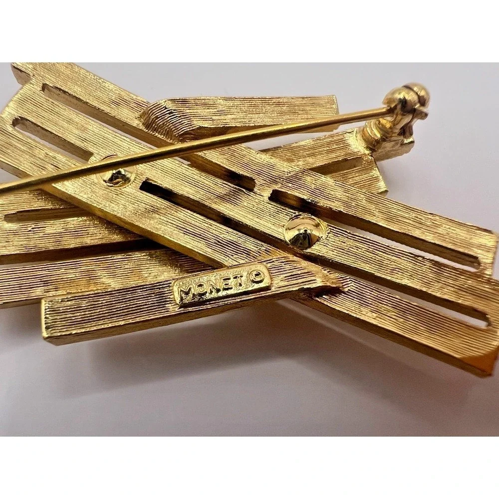 Monet Gold Brooch Abstract‎ Textured Bars Modernist Pin Vintage Signed Statement